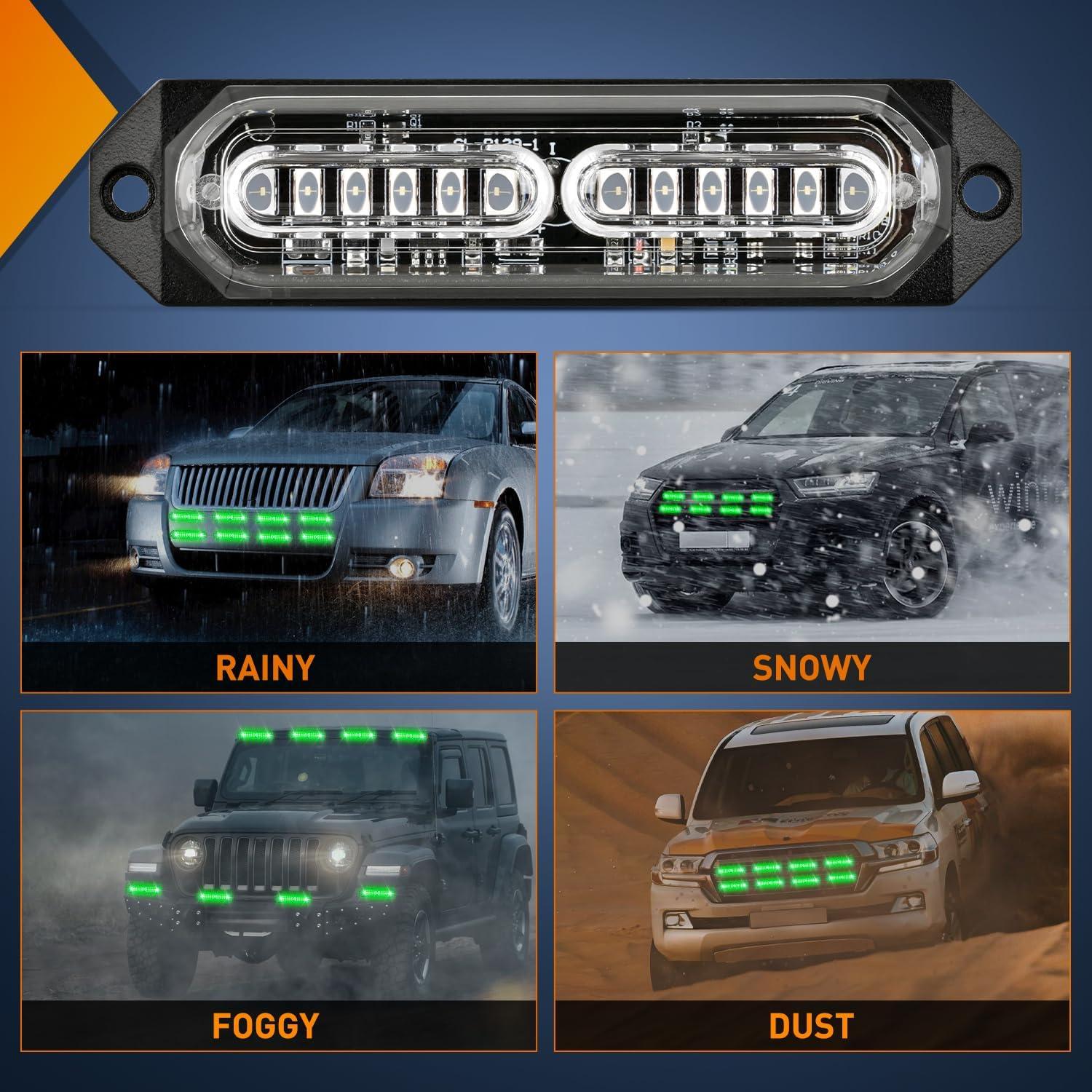 imageNilight 8PCS LED Strobe lights 12V Sync Feature Amber White 12 24LED Emergency Hazard Warning Lights with Controller for Cars Trucks RVs Campers 2 Years WarrantyGreen Lights 8Pcs