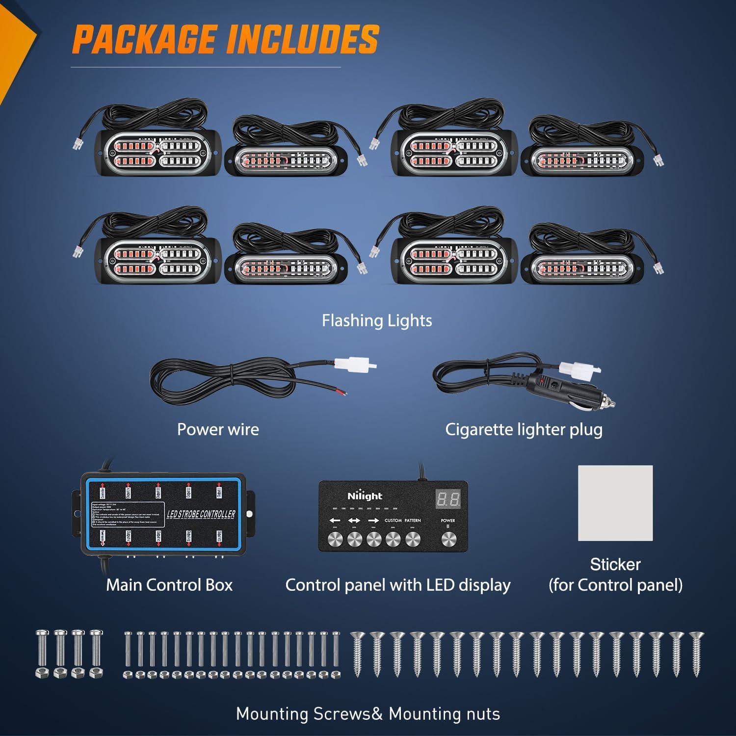 imageNilight 8PCS LED Strobe lights 12V Sync Feature Amber White 12 24LED Emergency Hazard Warning Lights with Controller for Cars Trucks RVs Campers 2 Years WarrantyRedBlue