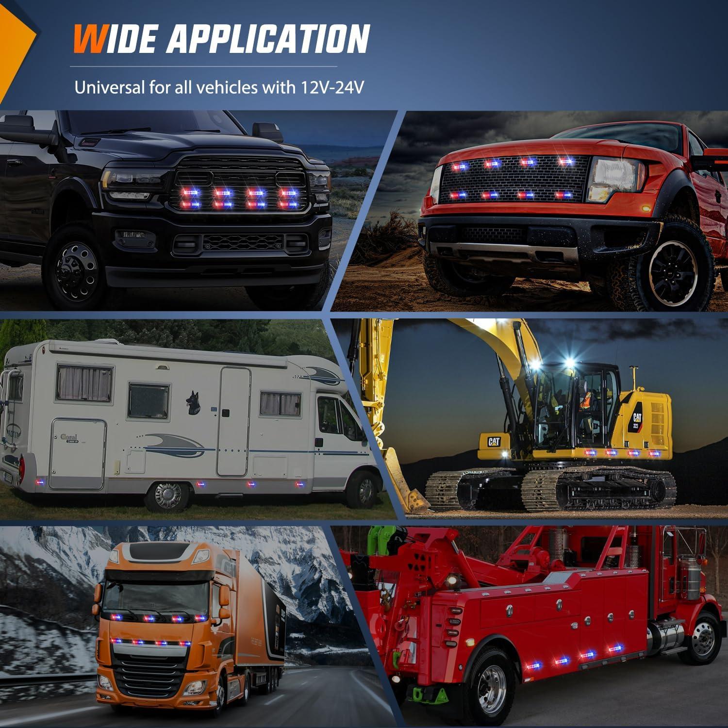 imageNilight 8PCS LED Strobe lights 12V Sync Feature Amber White 12 24LED Emergency Hazard Warning Lights with Controller for Cars Trucks RVs Campers 2 Years WarrantyRedBlue