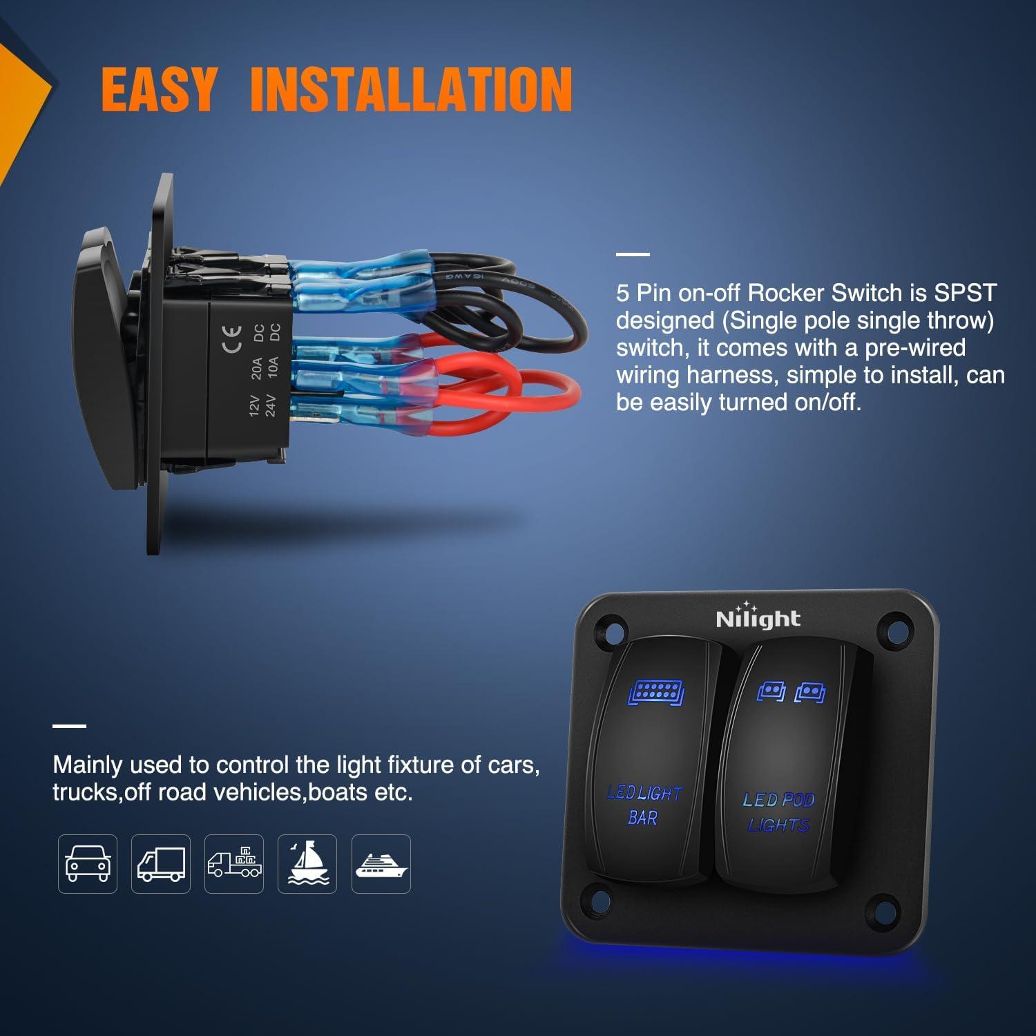 imageNilight 90104B 2Gang Aluminum Laser Rear LED Light Bar Rocker 1224V 5Pin ONOff PreWired Toggle Switch Panel for Marine Boat Car ATV UTV2 Years Warranty BlueLED LIGHT BARLED POD LIGHTS