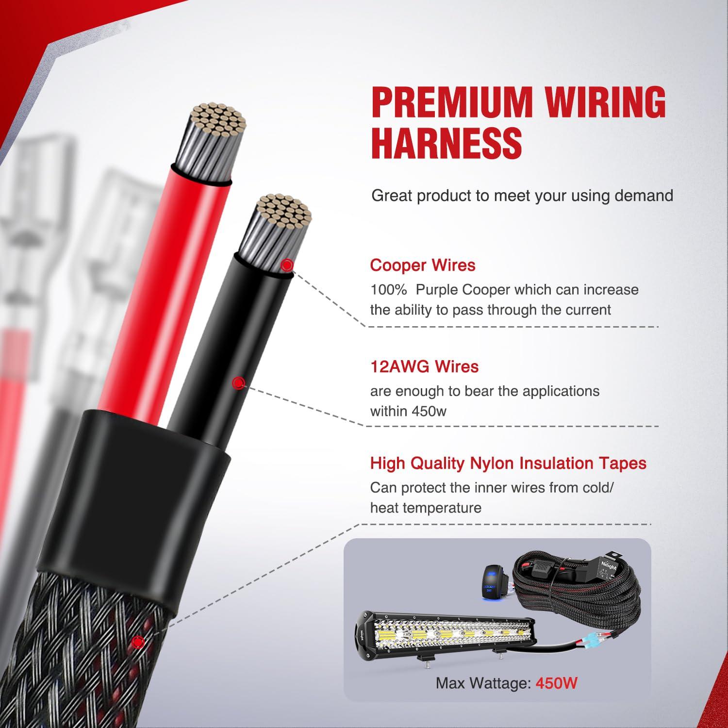 imageNilight LED Light Bar Wiring Harness Kit 12AWG Heavy Duty 12V 5Pin Rocker Switch Laser On Off Waterproof Switch Power Relay Blade Fuse2 Lead 10038W12AWG1 Lead w Nylon Wire Loom