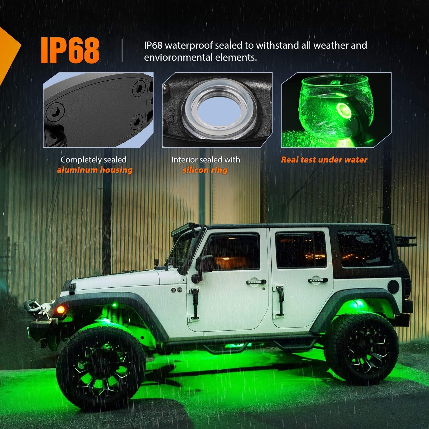 imageNilight LED Rock Light 4PCS Underglow Wheel Well Pods Waterproof Exterior Underbody Roof Rack Side Lamps for Car Truck Pickups ATV UTV SUV Motorcycle Boat White ColorGreen