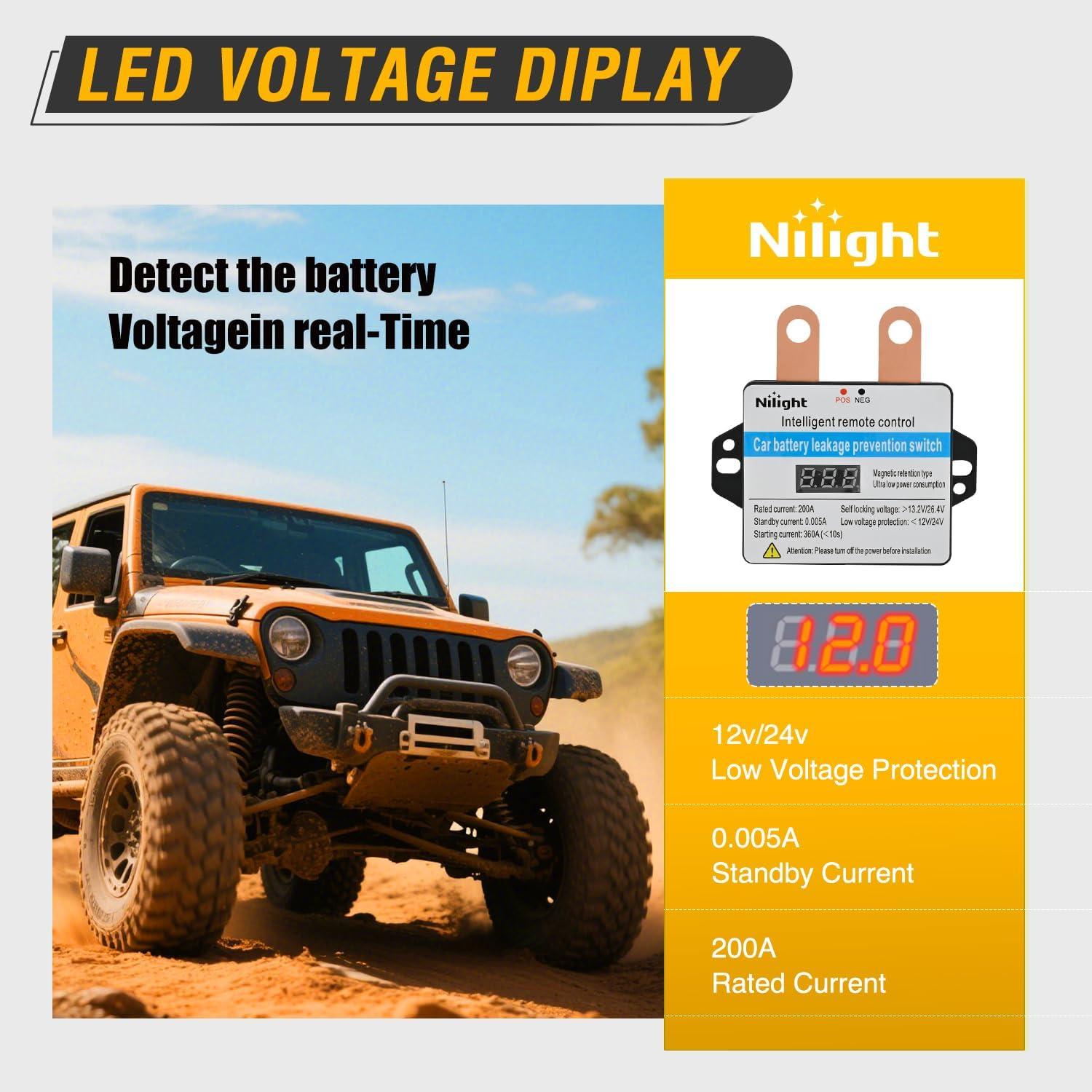 imageNilight Remote Battery Disconnect Switch 12V 250A Car AntiTheft Kill Switches Upgrade Prevent Power Drain with Wireless Remote Control Relay Fobs Black Negative Cable for Auto Truck RV Boat360A with Led VoltageWire