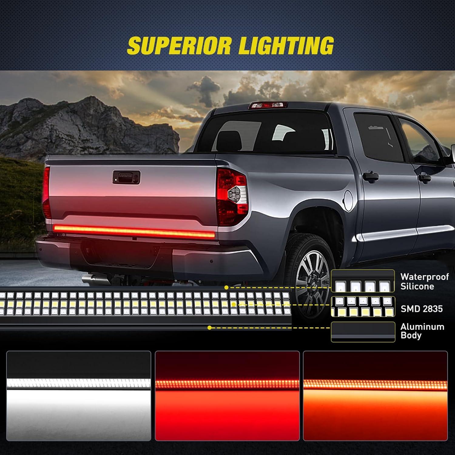 imageNilight Truck Tailgate Light Strip 60quot Aluminum FrameTriple Row Light Bar 1200 LED w Red Running Brake White Reverse Light Red Sequential Turn Signal48 Aluminum Frame Tailgate Light Bar