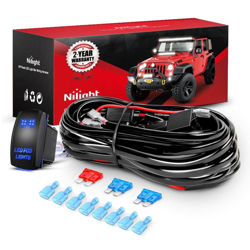 imageNilight  10012W LED Light Bar Wiring Harness Kit REAR LIGHTS 12V 5Pin Rocker Switch Laser On off Waterproof Switch Power Relay Blade Fuse2 Lead2 Years Warranty BlackLED Pod Lights Wiring4 Leads