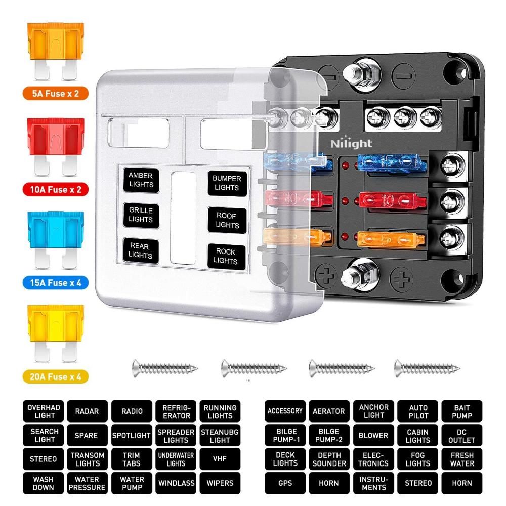 imageNilight 50055F 6 Way Blade Screw Fuse Block 6 Circuits with Negative Bus Fuse Box Holder with LED Indicator ATOATC Fuse Panel Waterproof Cover for 12V Automotive Cars Marine Boats RVs Trailers6Way Fuse Block