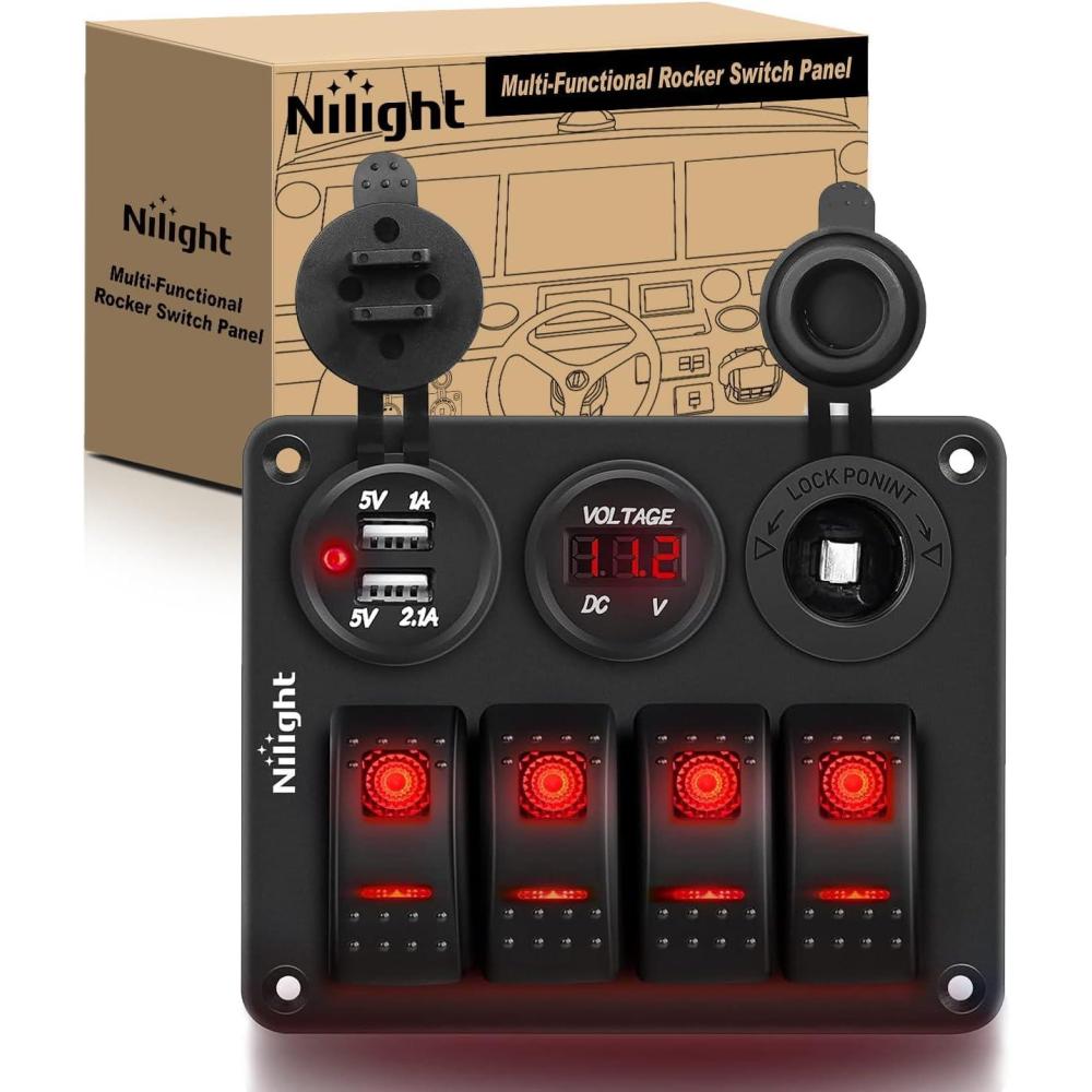 imageNilight 90117G 4 Gang Rocker Switch Panel Waterproof PreWired Aluminum Switch Panel with Dual USB Cigarette Lighter Socket Voltmeter12V24V DC ON Off Switch Panel for Cars Rvs Trucks BlueRed