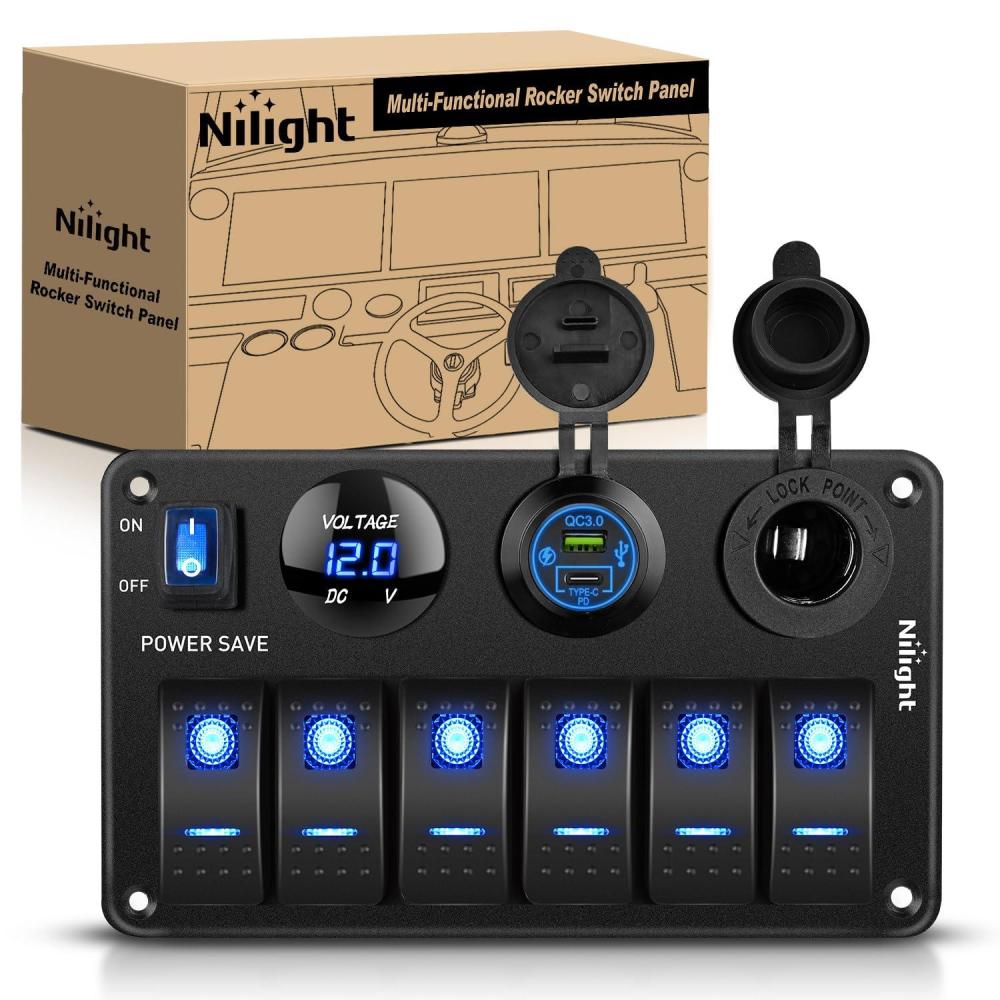 imageNilight  90123F 6 Gang ON Off Rocker Switch Panel Green Backlit 12V24V LED Digital Voltmeter Dual USB Charger Cigarette Lighter Socket Overload Protection Switch Panel For Cars RVs BoatsPower Control Blue