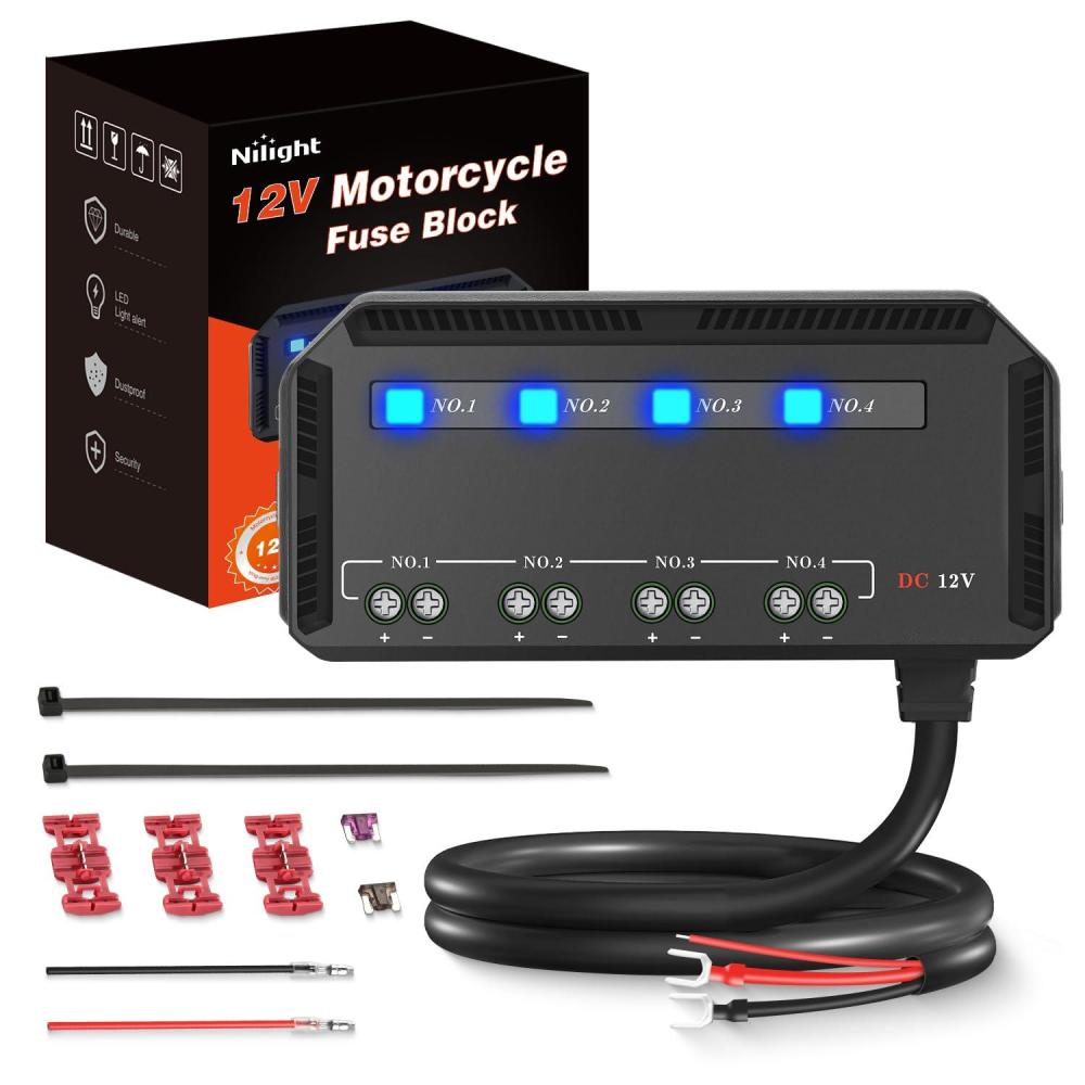 imageNilight 12V Motorcycle Fuse Box 20A Low Profile Terminal Block Holder wLED Indicator 4 Circuits Protection Battery Relay for Cars Motorcycles ATV UTV 12 Volt VehiclesMotorcycle Fuse Box