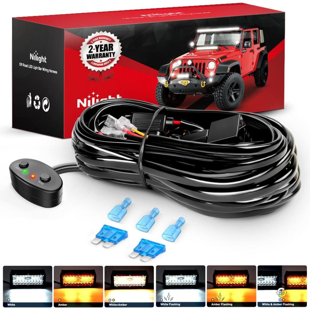 imageNilight 16AWG Wiring Harness Kit 2 Leads Specially Customized for 6 Modes Amber White Strobe Light Bar Off Road LED Work Light 12V On Off Switch Remember and Reset Function 2 Years Warranty Black1 LeadWiring Harness