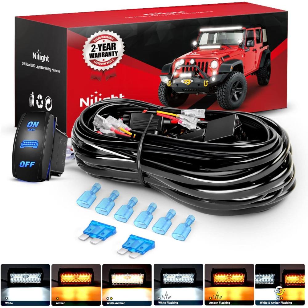 imageNilight 16AWG Wiring Harness Kit 2 Leads Specially Customized for 6 Modes Amber White Strobe Light Bar Off Road LED Work Light 12V On Off Switch Remember and Reset Function 2 Years Warranty Black2 Leads5PIN SwitchWiring Harness
