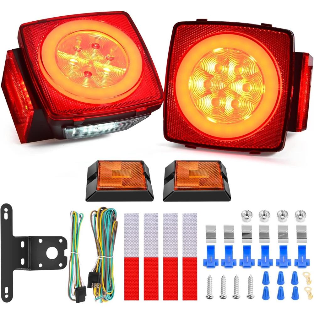imageNilight 2PCS Square LED Trailer Light Kit Low Profile Submersible IP68 Stop Turn Tail Side Marker License Lamps for 12V Utility Boat Camper RV Trucks Marine SnowmobileHalo Glow Trailer Light Kit