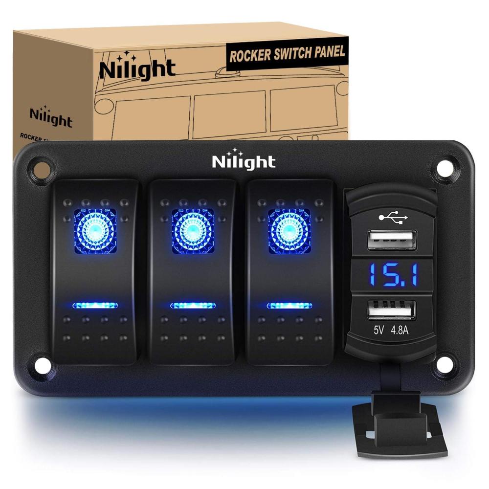 imageNilight 3 Gang Rocker Switch Panel Blue Backlit with PD Type C and USB Charger Voltmeter Waterproof 12V 24V DC Rocker Switch with Night Glow Stickers for Car Trucks Boats RVs2 Years WarrantyBlueBoxBlue