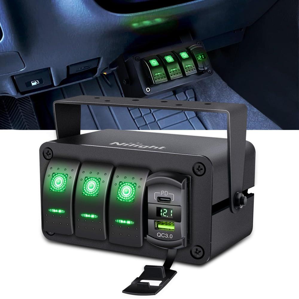 imageNilight 3 Gang Rocker Switch Panel Blue Backlit with PD Type C and USB Charger Voltmeter Waterproof 12V 24V DC Rocker Switch with Night Glow Stickers for Car Trucks Boats RVs2 Years WarrantyBlueBoxGreenBox