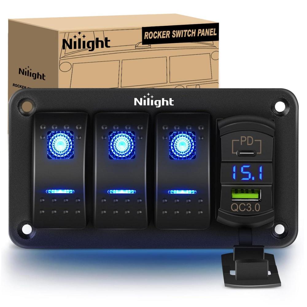 imageNilight 3 Gang Rocker Switch Panel Blue Backlit with PD Type C and USB Charger Voltmeter Waterproof 12V 24V DC Rocker Switch with Night Glow Stickers for Car Trucks Boats RVs2 Years WarrantyBlueBoxType C USB Blue