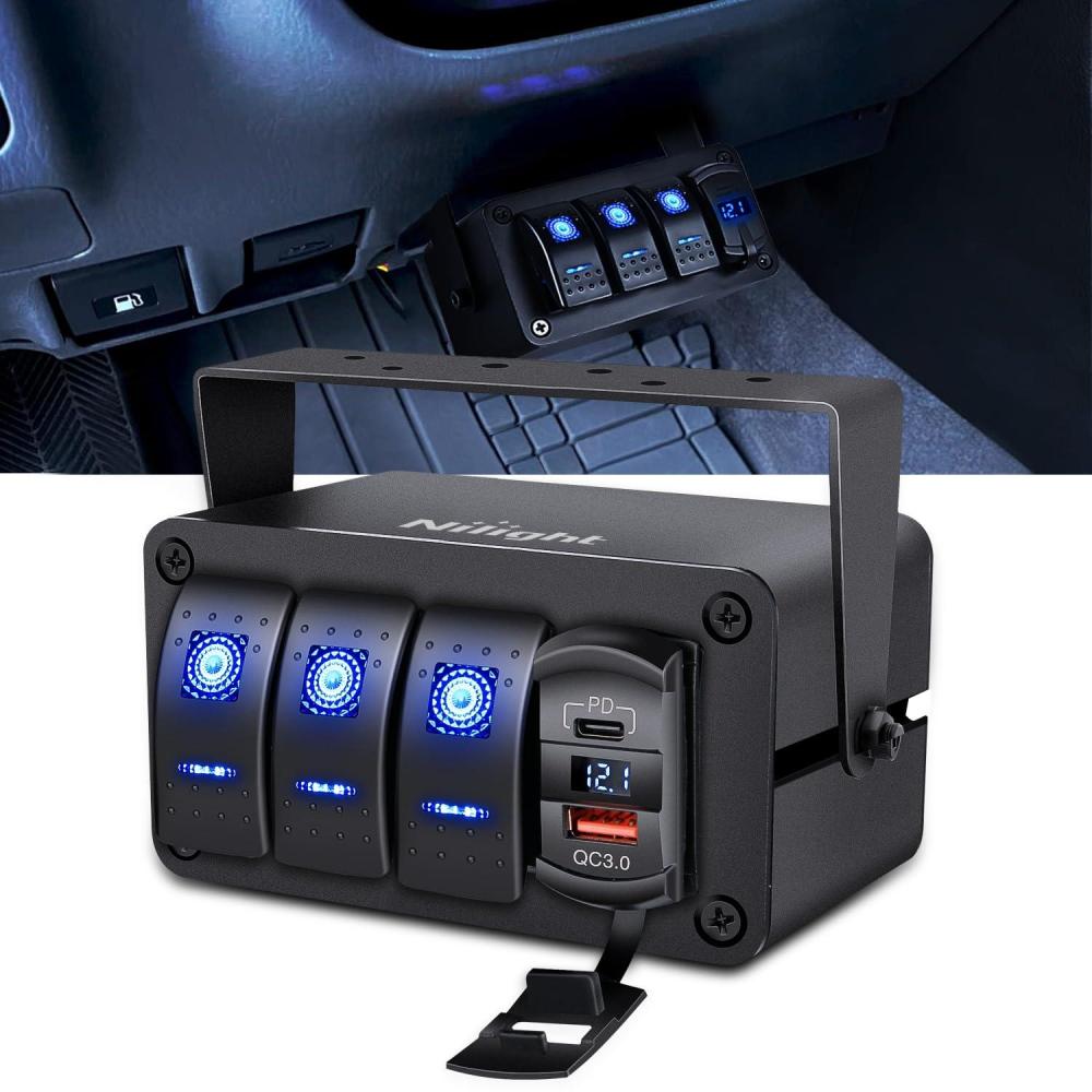 imageNilight 3 Gang Rocker Switch Panel Blue Backlit with PD Type C and USB Charger Voltmeter Waterproof 12V 24V DC Rocker Switch with Night Glow Stickers for Car Trucks Boats RVs2 Years WarrantyBlueBoxBlueBox