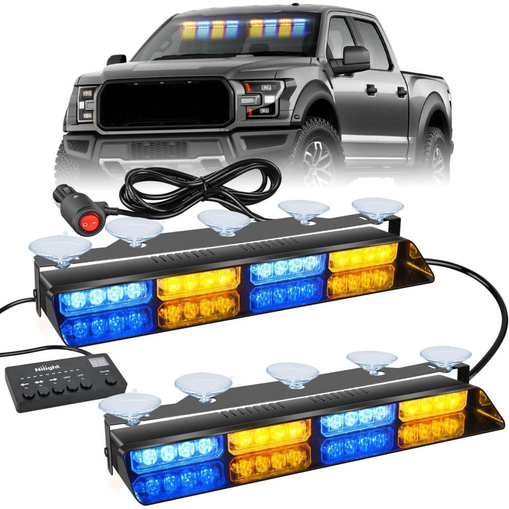 imageNilight 32LED White Emergency Dash Strobe Lights with Controller Suction Cups Warning Hazard Interior FrontRear Windshield Deck Split Light Bar for Trucks Construction VehiclesAmber and Blue