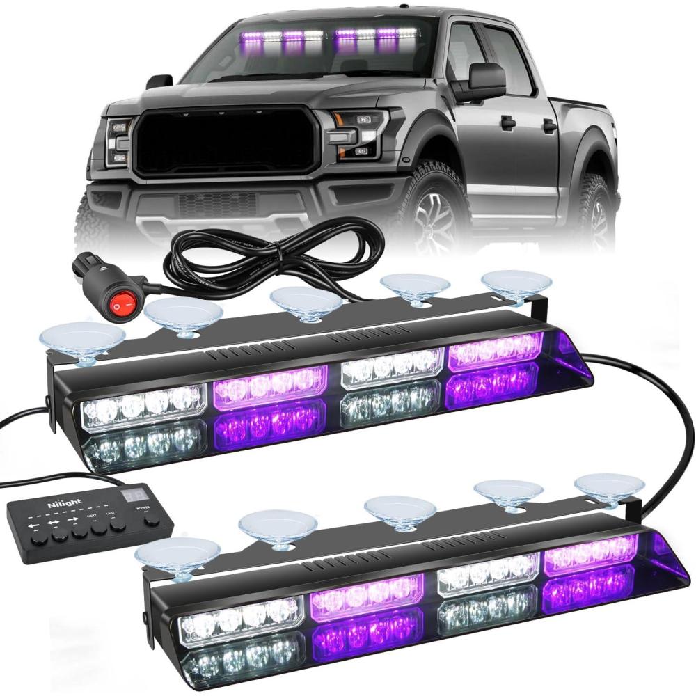 imageNilight 32LED White Emergency Dash Strobe Lights with Controller Suction Cups Warning Hazard Interior FrontRear Windshield Deck Split Light Bar for Trucks Construction VehiclesPurple and White
