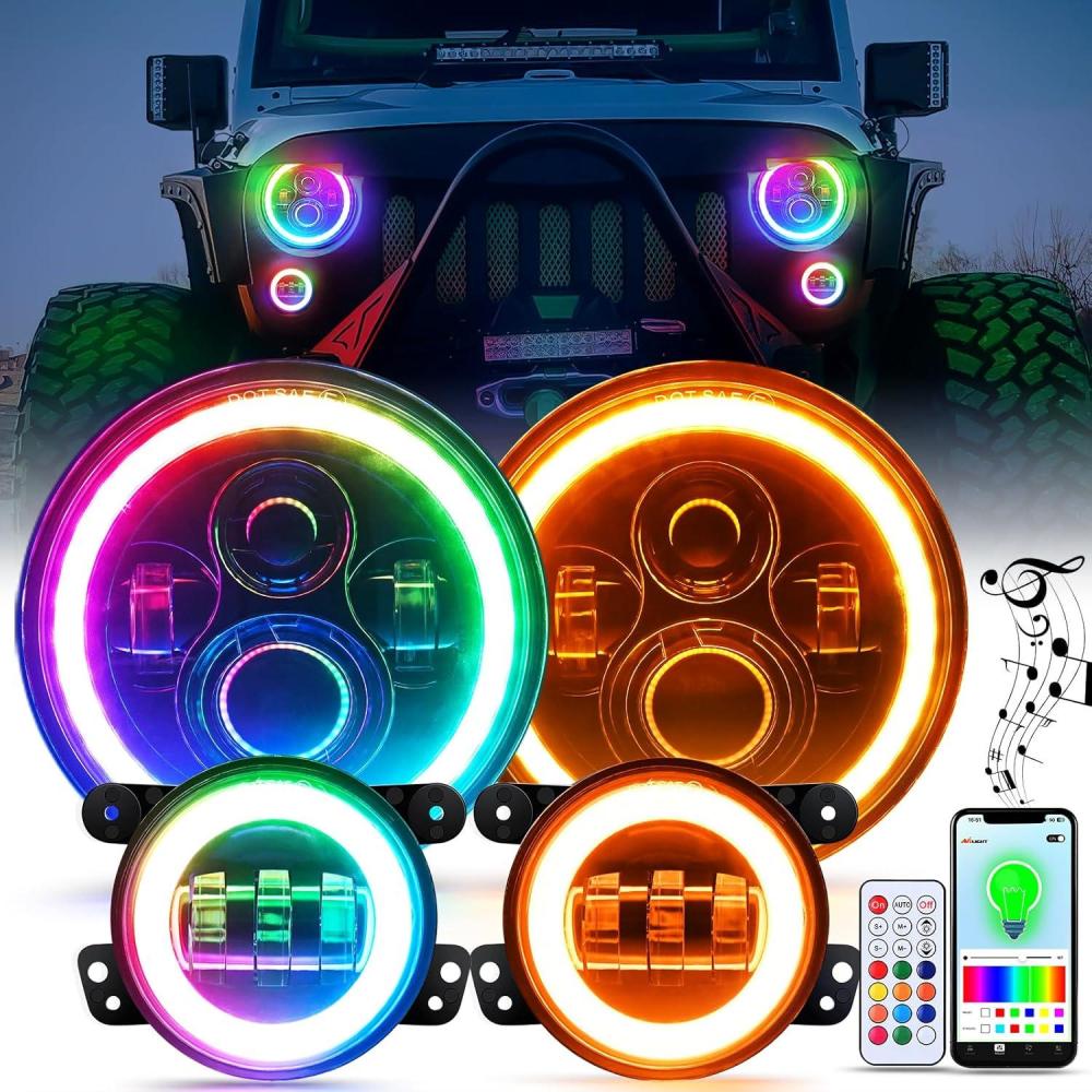 imageNilight 4 Inch LED Fog Light Assembly Compatible with 2007 2008 2009 2010 2011 2012 2013 2014 2015 2016 2017 2018 Jeep Wrangler JK Unlimited JKU wConversion Cable Clear LampsJK Healight Fog Light 4Pcs RGB