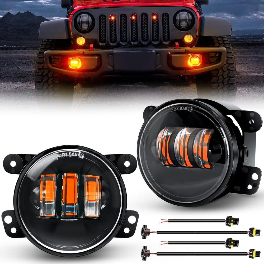 imageNilight 4 Inch LED Fog Light Assembly Compatible with 2007 2008 2009 2010 2011 2012 2013 2014 2015 2016 2017 2018 Jeep Wrangler JK Unlimited JKU wConversion Cable Clear LampsJK Fog Light Amber 2Pcs