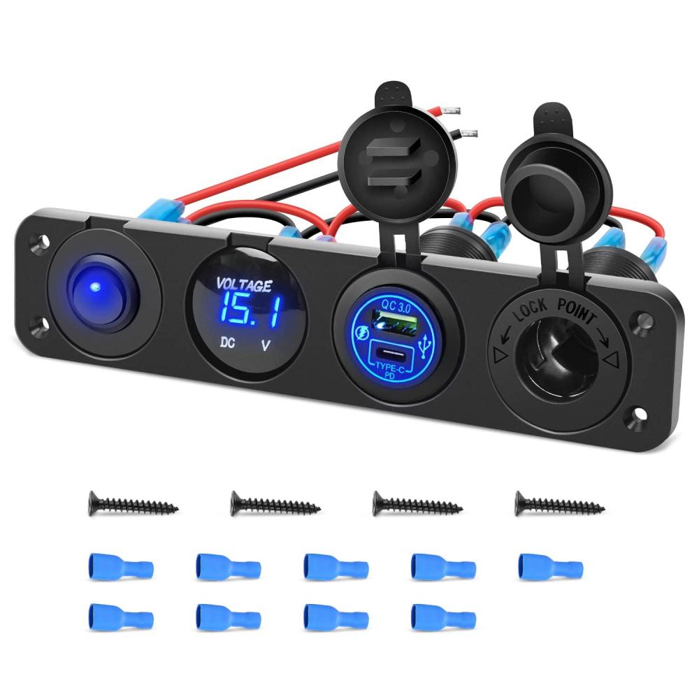imageNilight 4 in 1 ONOff Charger Socket Panel PD Type C and QC 30 USB Power Outlet LED Voltmeter Cigarette Lighter Rocker Toggle Switches for Truck Car Boats RVType C USB Blue