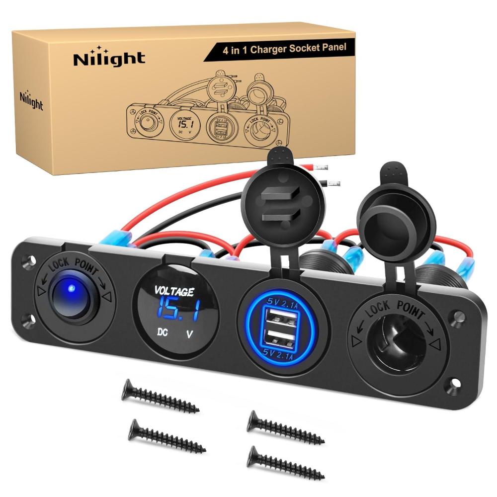 imageNilight 4 in 1 ONOff Charger Socket Panel PD Type C and QC 30 USB Power Outlet LED Voltmeter Cigarette Lighter Rocker Toggle Switches for Truck Car Boats RVBlue