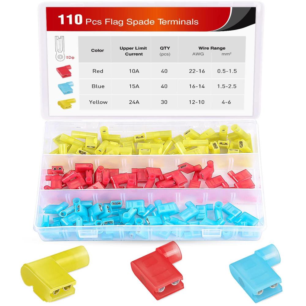 imageNilight 400 Pcs Spade Terminals Nylon Quick Disconnect Male and Female Connectors Electrical Insulated Wire Crimp Assortment Kit110PCS Flag Spade Crimp Terminals