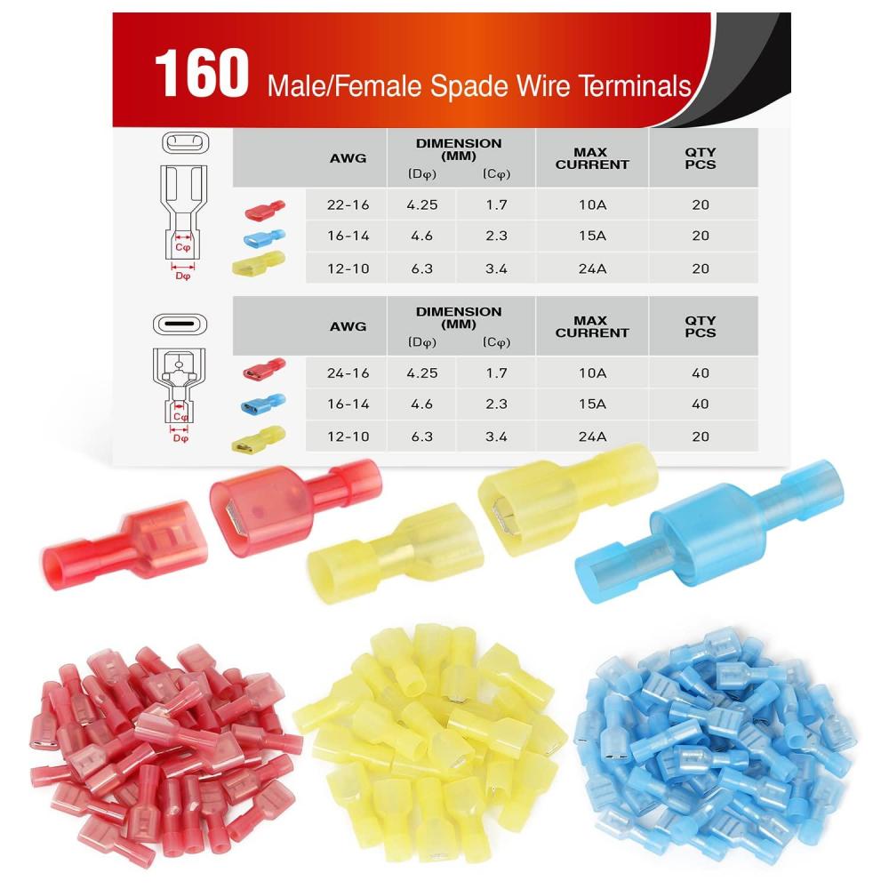 imageNilight 400 Pcs Spade Terminals Nylon Quick Disconnect Male and Female Connectors Electrical Insulated Wire Crimp Assortment Kit160PCS Crimp Terminals Connectors