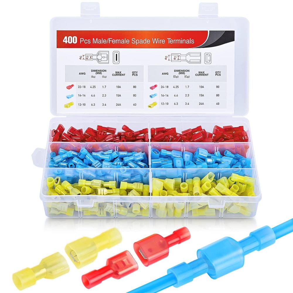 imageNilight 400 Pcs Spade Terminals Nylon Quick Disconnect Male and Female Connectors Electrical Insulated Wire Crimp Assortment Kit400PCS Spade Terminal