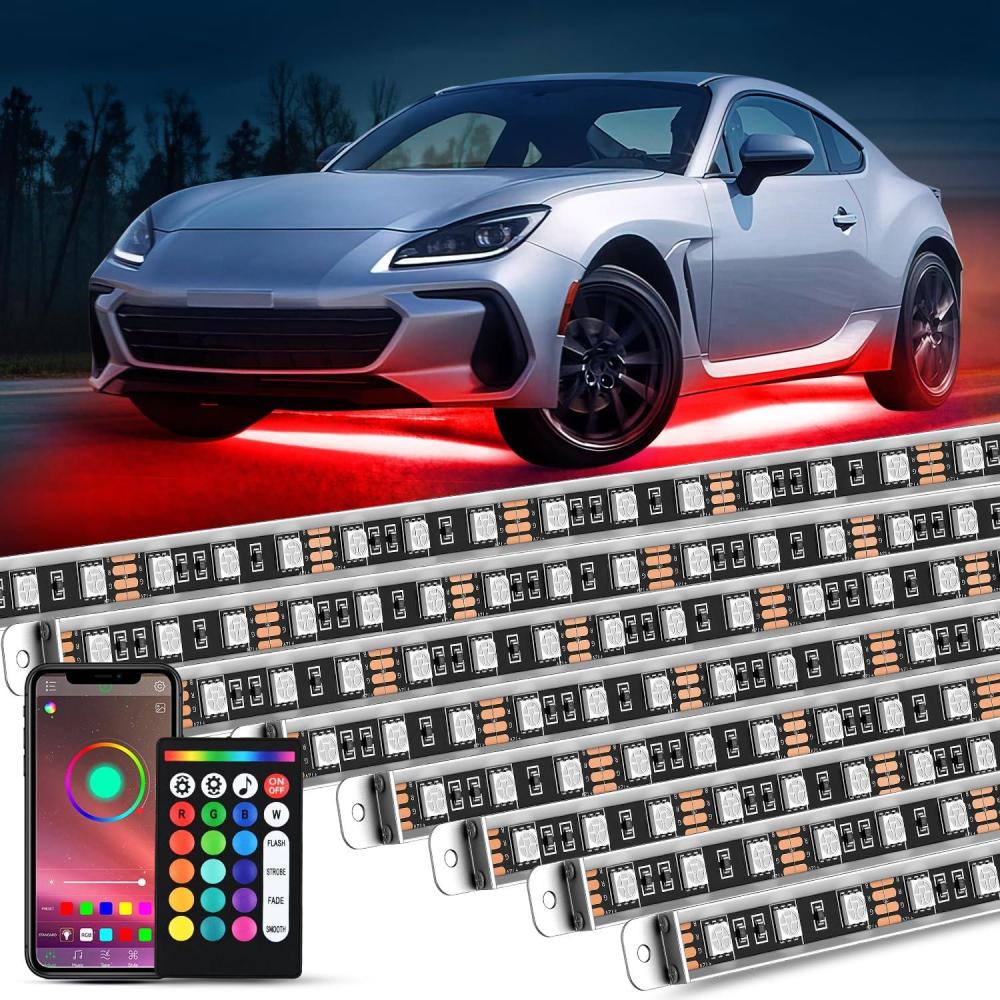 imageNilight 4Pcs Car Underglow Neon Accent Strip Lights 252 LEDs RGB 8 Color Sound Active Function Music Mode with Wireless Remote Control Underbody Light Strips for Cars Van SUV Truck8Pcs Aluminum Underglow Strip Lights RGB