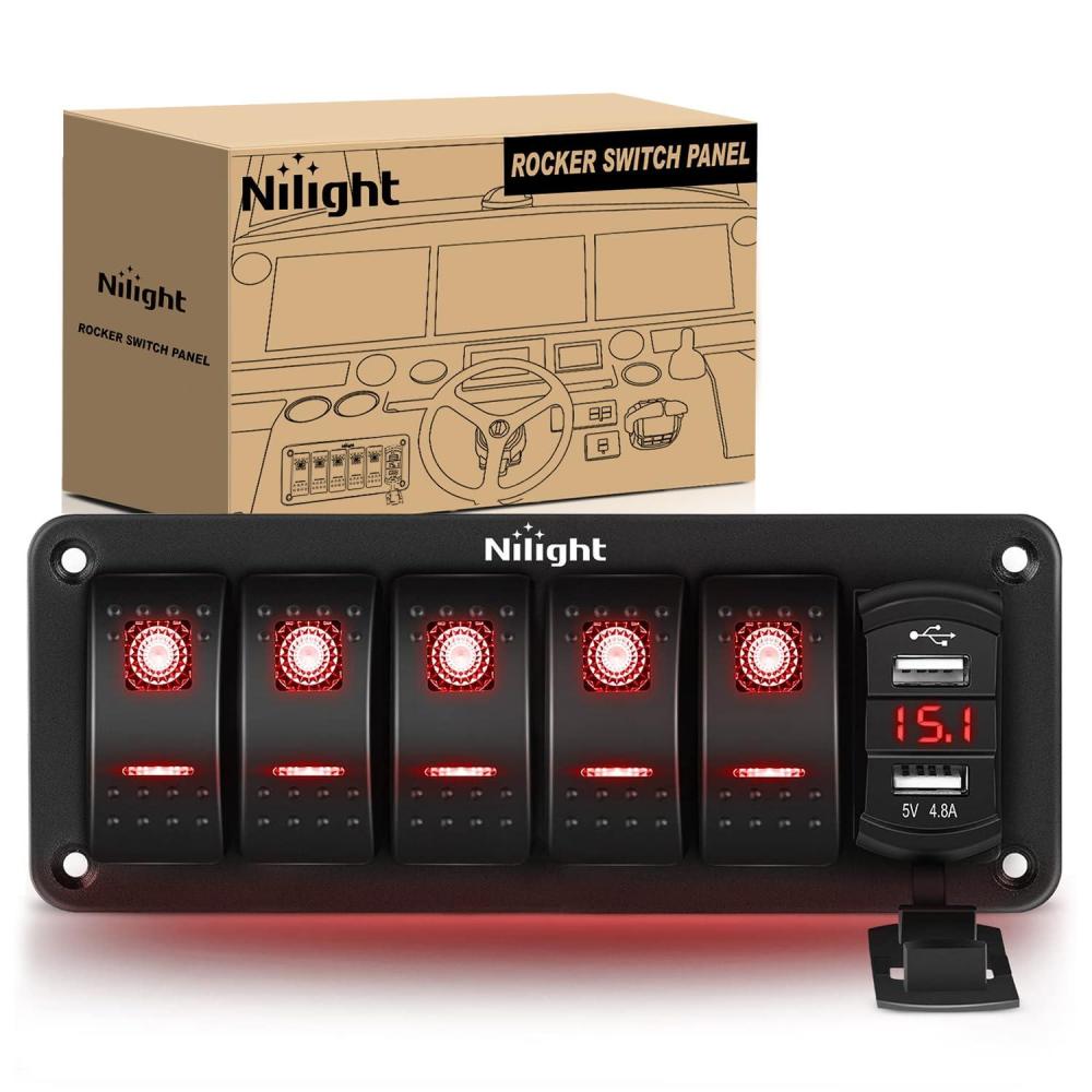 imageNilight 5 Gang Rocker Switch Box 12V SPST ON Off Switches PD Type C and QC 30 USB Charger Voltmeter Waterproof Aluminum Panel DIY Stickers for Boats Cars RVs TrucksDual USB Red