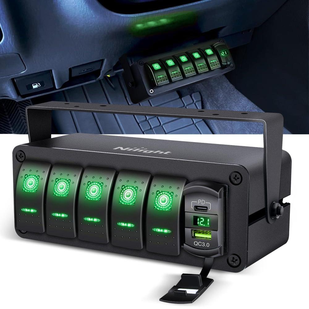 imageNilight 5 Gang Rocker Switch Box 12V SPST ON Off Switches PD Type C and QC 30 USB Charger Voltmeter Waterproof Aluminum Panel DIY Stickers for Boats Cars RVs TrucksGreenBox