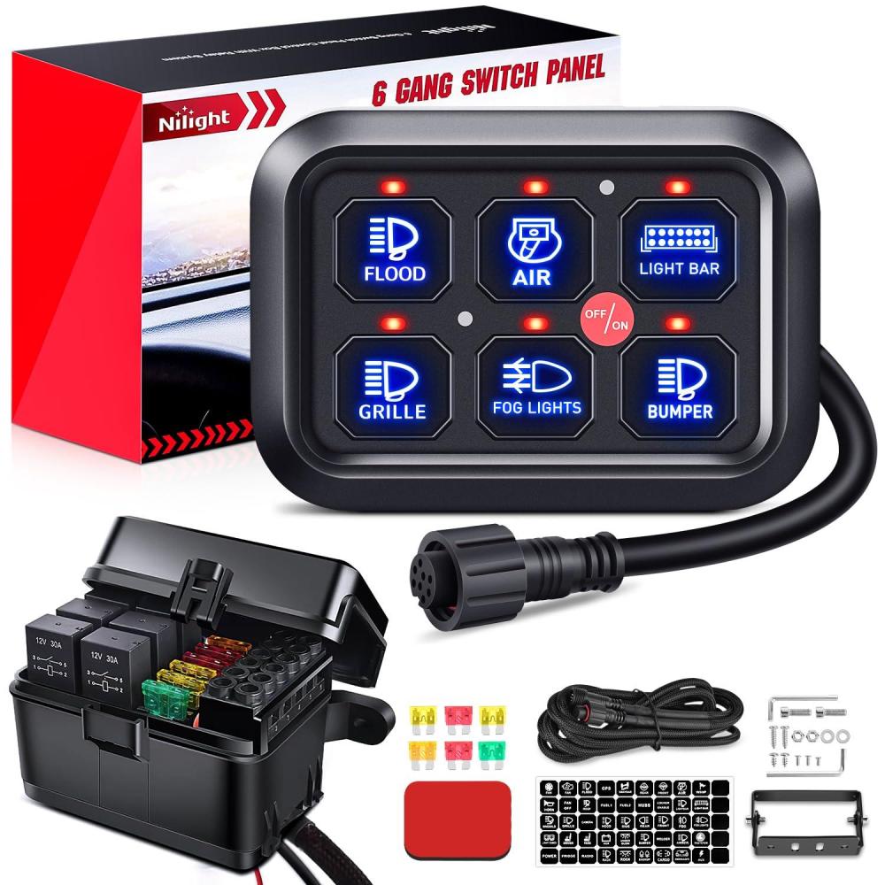imageNilight 8 Gang Switch Panel System Circuit Control Relay System Fuse Wiring Harness Automatic Dimmable ON Off LED Switch Pod for 12V Cars Trucks Campers SUV 2 Years WarrantyBlueBlue