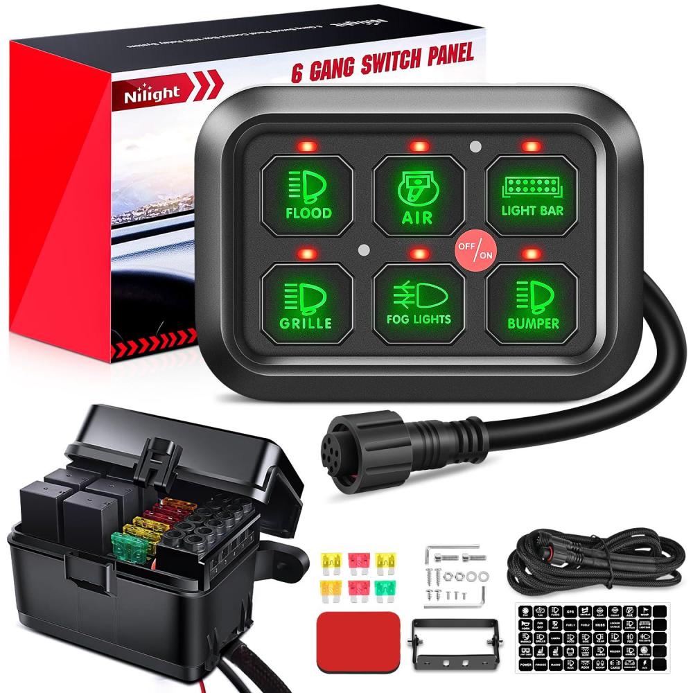 imageNilight 8 Gang Switch Panel System Circuit Control Relay System Fuse Wiring Harness Automatic Dimmable ON Off LED Switch Pod for 12V Cars Trucks Campers SUV 2 Years WarrantyBlueGreen