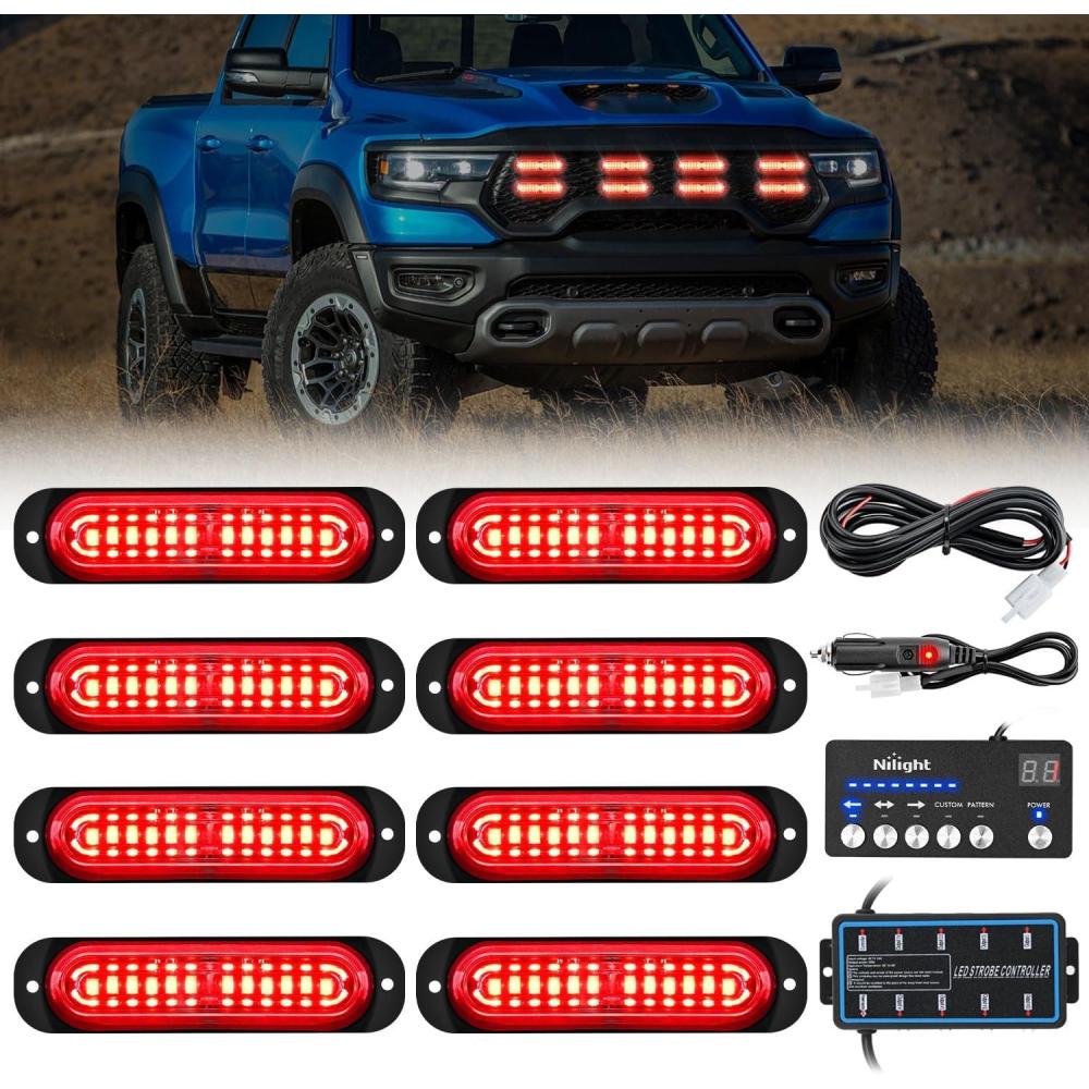 imageNilight 8PCS LED Strobe lights 12V Sync Feature Amber White 12 24LED Emergency Hazard Warning Lights with Controller for Cars Trucks RVs Campers 2 Years WarrantyRed with Controller