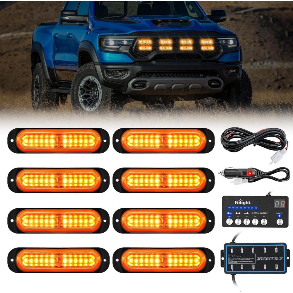 imageNilight 8PCS LED Strobe lights 12V Sync Feature Amber White 12 24LED Emergency Hazard Warning Lights with Controller for Cars Trucks RVs Campers 2 Years WarrantyAmber with Controller