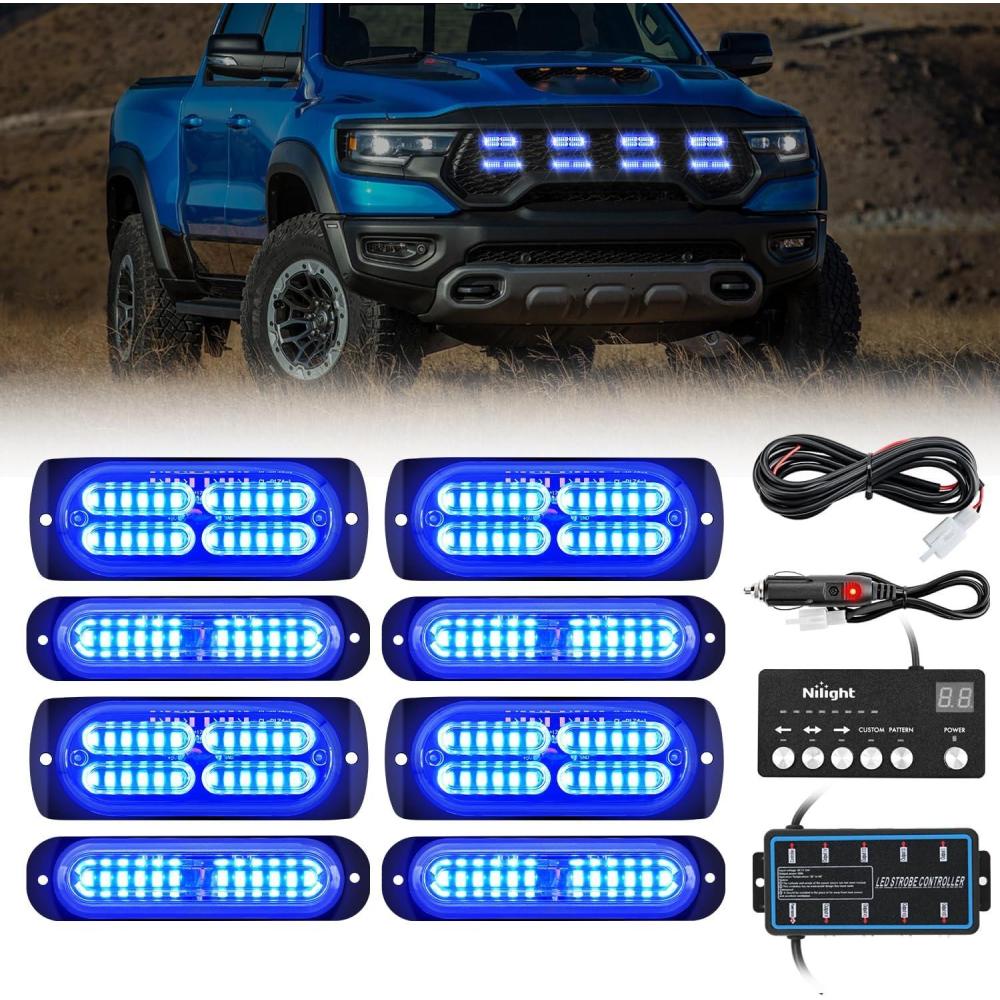 imageNilight 8PCS LED Strobe lights 12V Sync Feature Amber White 12 24LED Emergency Hazard Warning Lights with Controller for Cars Trucks RVs Campers 2 Years WarrantyBlue