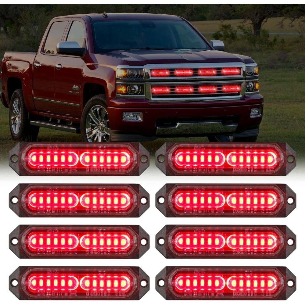 imageNilight 8PCS LED Strobe lights 12V Sync Feature Amber White 12 24LED Emergency Hazard Warning Lights with Controller for Cars Trucks RVs Campers 2 Years WarrantyRed Lights 8Pcs