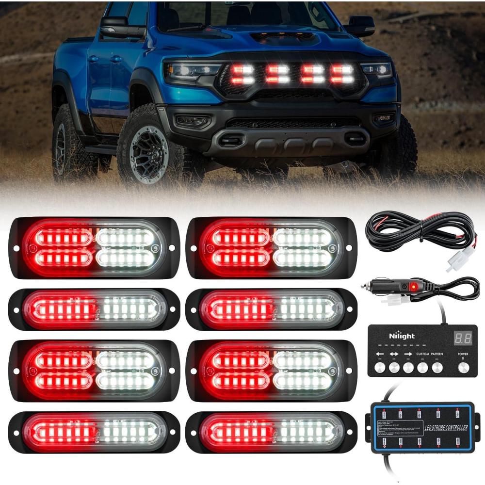 imageNilight 8PCS LED Strobe lights 12V Sync Feature Amber White 12 24LED Emergency Hazard Warning Lights with Controller for Cars Trucks RVs Campers 2 Years WarrantyRedWhite Lights wController 8Pcs