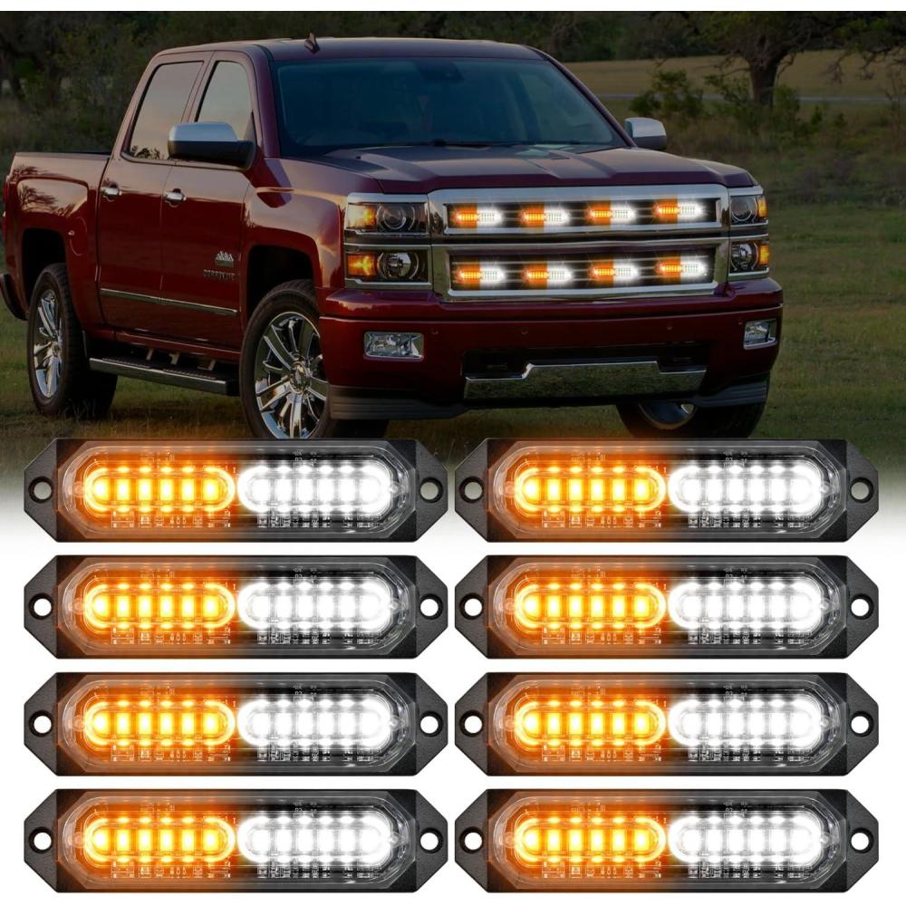 imageNilight 8PCS LED Strobe lights 12V Sync Feature Amber White 12 24LED Emergency Hazard Warning Lights with Controller for Cars Trucks RVs Campers 2 Years WarrantyAmberWhite Lights 8Pcs