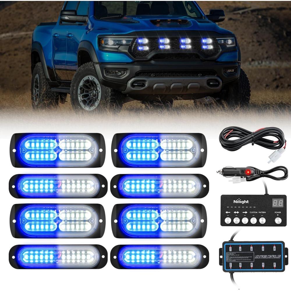 imageNilight 8PCS LED Strobe lights 12V Sync Feature Amber White 12 24LED Emergency Hazard Warning Lights with Controller for Cars Trucks RVs Campers 2 Years WarrantyBlueWhite