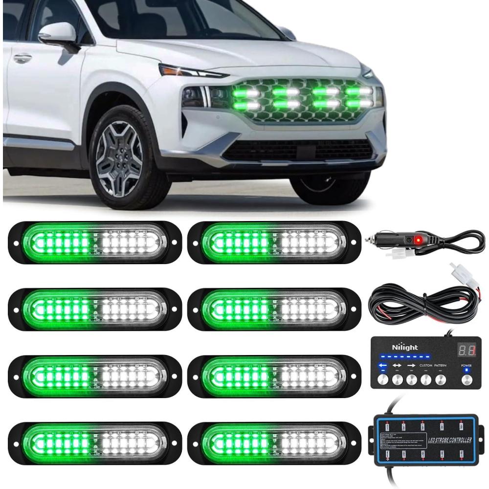 imageNilight 8PCS LED Strobe lights 12V Sync Feature Amber White 12 24LED Emergency Hazard Warning Lights with Controller for Cars Trucks RVs Campers 2 Years WarrantyGreenWhite with Controller