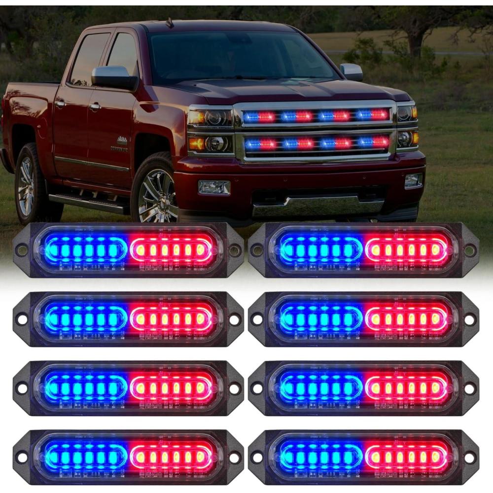 imageNilight 8PCS LED Strobe lights 12V Sync Feature Amber White 12 24LED Emergency Hazard Warning Lights with Controller for Cars Trucks RVs Campers 2 Years WarrantyRedBlue Lights 8Pcs
