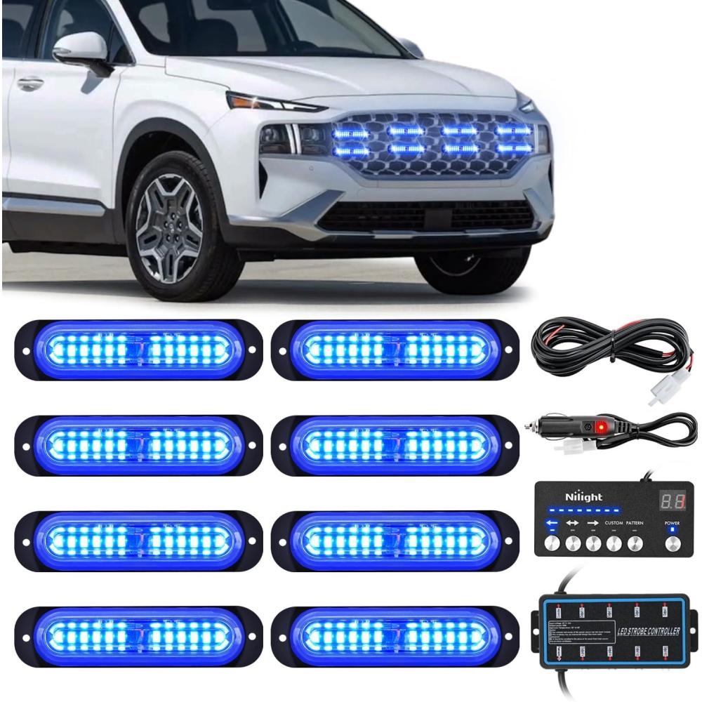 imageNilight 8PCS LED Strobe lights 12V Sync Feature Amber White 12 24LED Emergency Hazard Warning Lights with Controller for Cars Trucks RVs Campers 2 Years WarrantyBlue with Controller