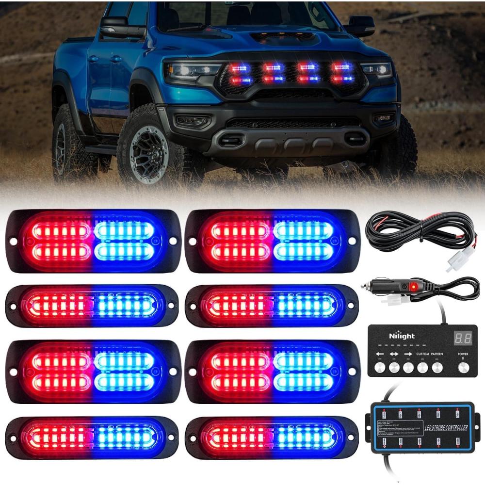 imageNilight 8PCS LED Strobe lights 12V Sync Feature Amber White 12 24LED Emergency Hazard Warning Lights with Controller for Cars Trucks RVs Campers 2 Years WarrantyRedBlue