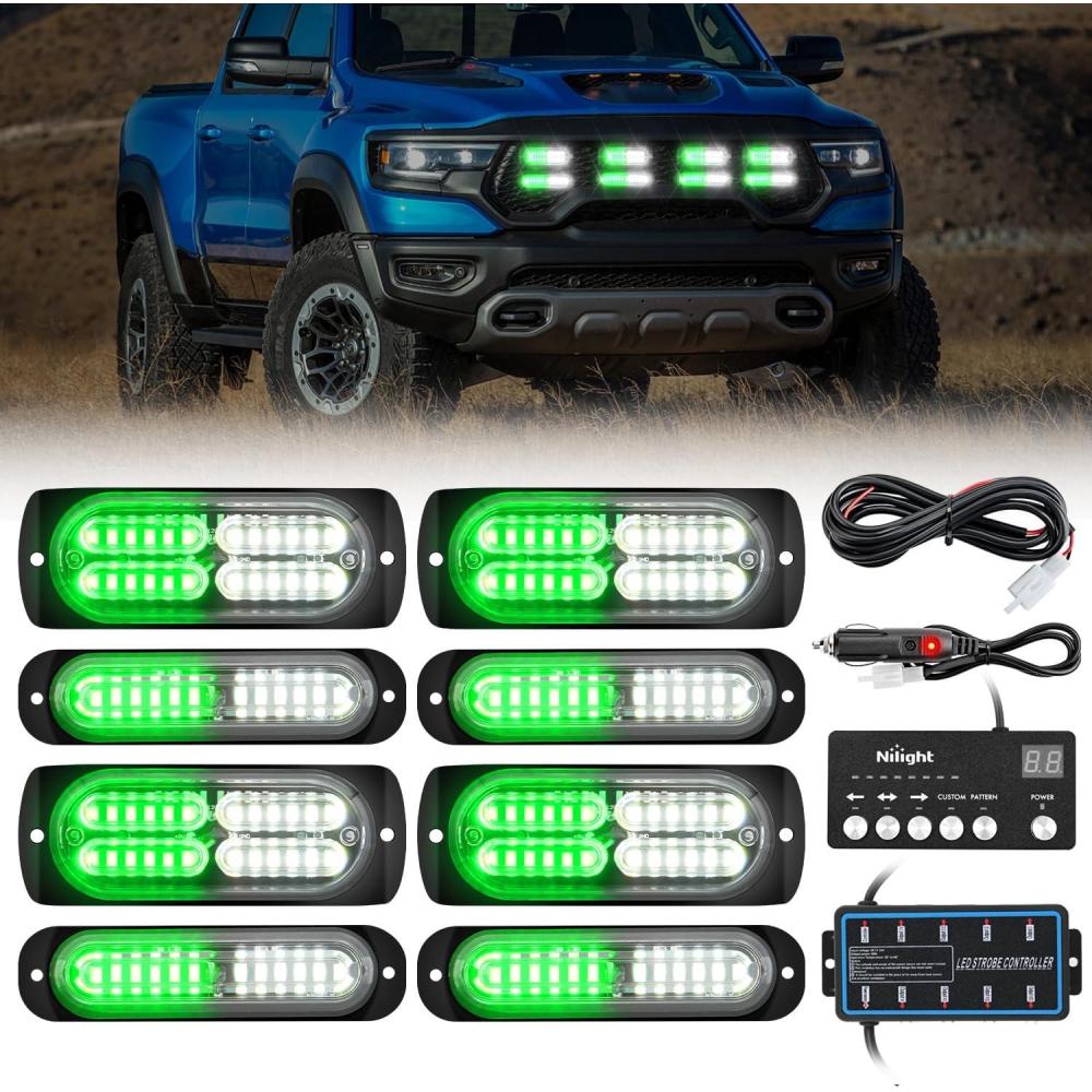 imageNilight 8PCS LED Strobe lights 12V Sync Feature Amber White 12 24LED Emergency Hazard Warning Lights with Controller for Cars Trucks RVs Campers 2 Years WarrantyGreenWhite Lights wController 8Pcs