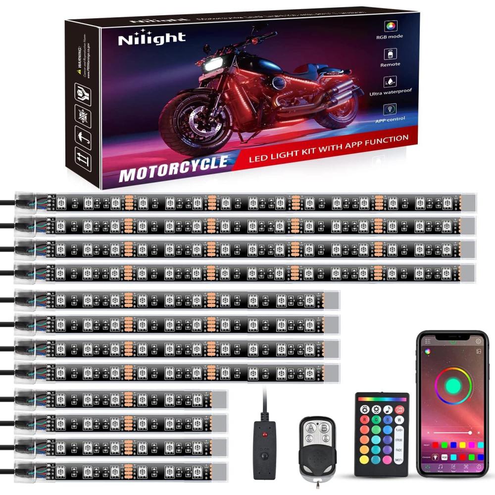 imageNilight 8PCS Motorcycle RGB Led Light Kit Waterproof MultiColor Atmosphere Lights Lamp with 4Key RF Wireless Remote for Harley Davidson Honda Kawasaki Suzuki 2 Years Warranty TL4212Pcs RGB LED StripAPP