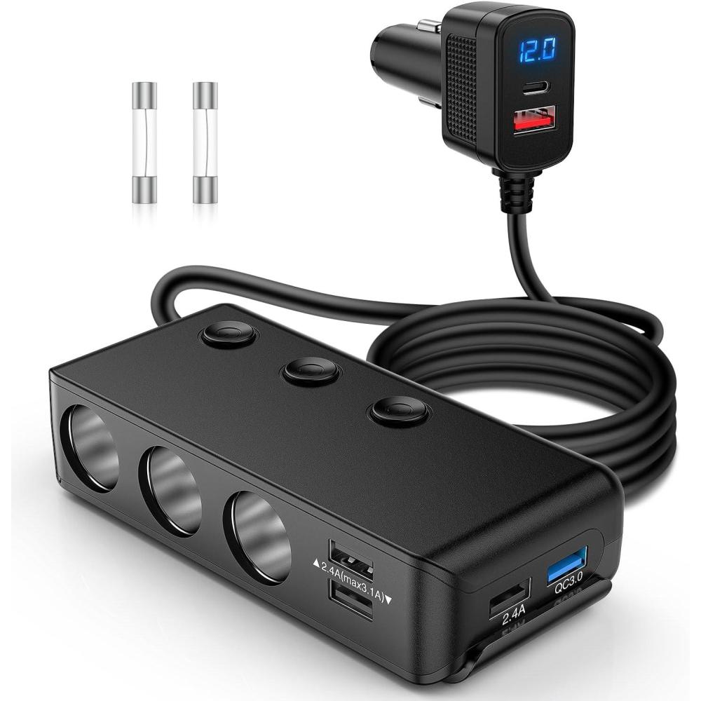 imageNilight Dual Cigarette Lighter Socket with Wire 12V Dual Power Plug Replacement Cigar Lighter receptable with Cover and Mounting Screws for Cars Trucks RVs Boats ATVs 50060BUSB5PD Cigarette Lighter Adapter