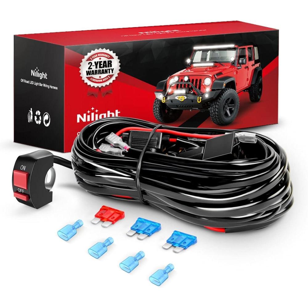 imageNilight LED Light Bar Wiring Harness Kit Motorcycle Handlebar Push Button Switch 16AWG 2 Leads 12V On Off for ATV UTV Driving Lights 78inchWiring Harness Motorcycle