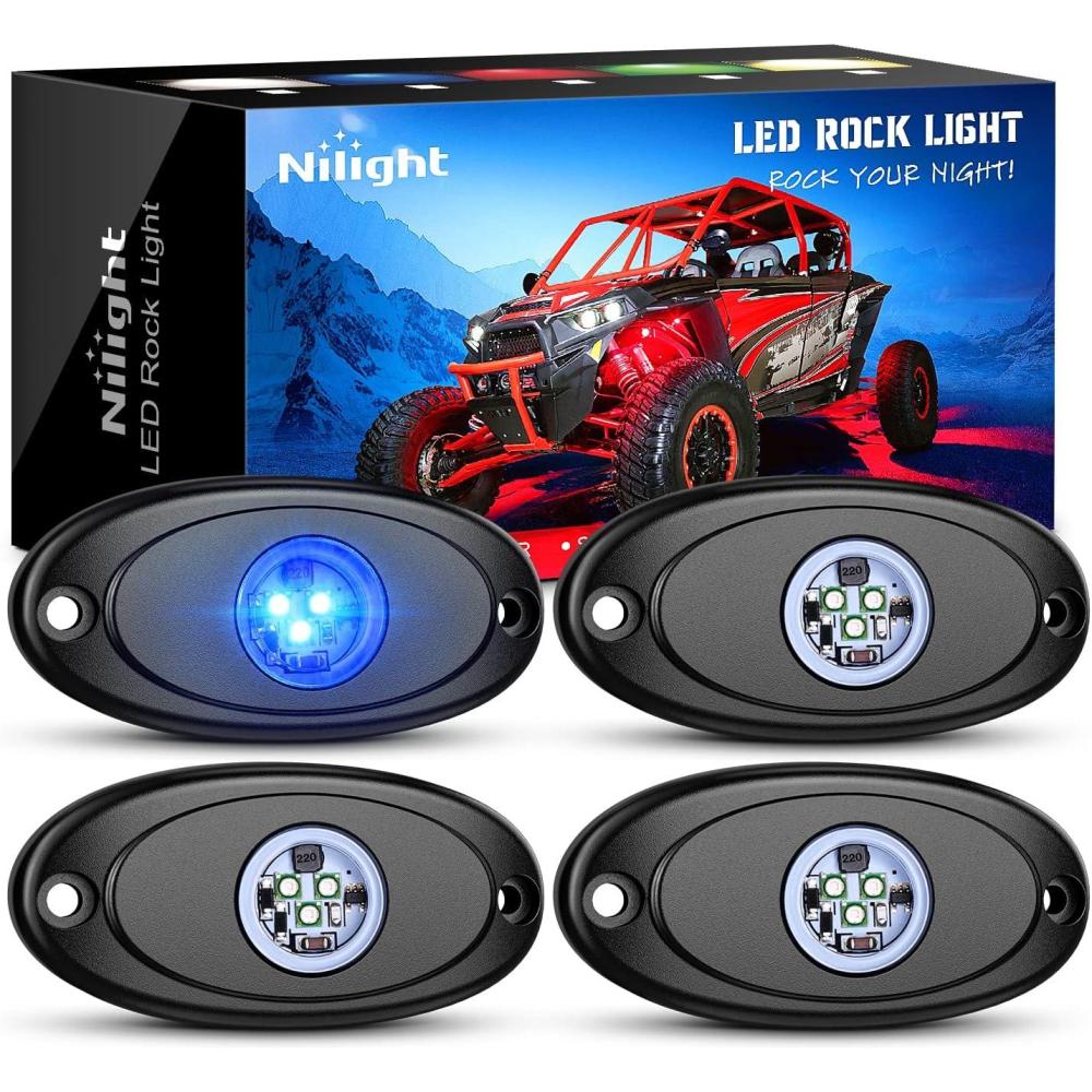 imageNilight LED Rock Light 4PCS Underglow Wheel Well Pods Waterproof Exterior Underbody Roof Rack Side Lamps for Car Truck Pickups ATV UTV SUV Motorcycle Boat White ColorBlue